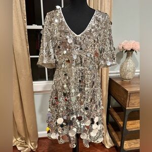Boston Proper Sparkling Silver Sequin Cocktail Dress